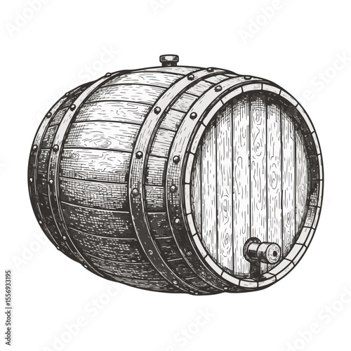 Wooden wine barrel with metal bands and spigot in vintage style  