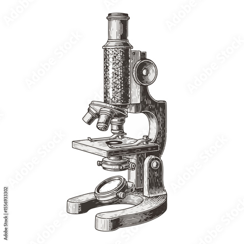 Vintage microscope in detailed design on white background  