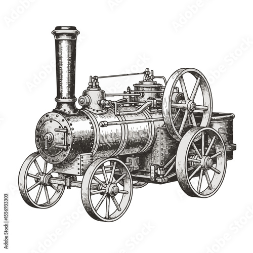 Vintage steam engine illustration with detailed mechanics and wheels  