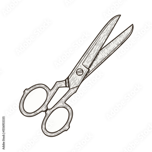 Vintage scissors with pointed blades in hand-drawn style  