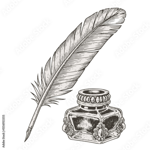 Vintage ink bottle with feather quill for writing and creativity  