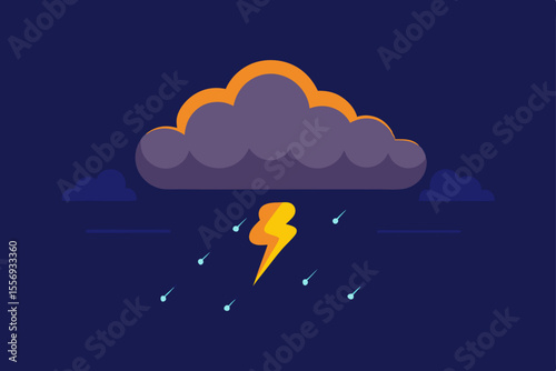 Dark Storm Clouds, Lightning Bolts, and Rain A Flat Design Illustration