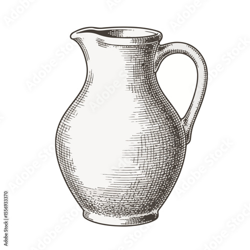 Vintage ceramic jug with a curved handle in detailed engraving style  