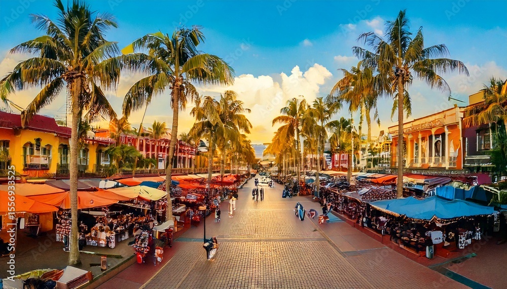 Fototapeta premium Sunny urban street with palm trees and outdoor cafes