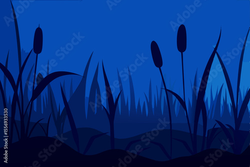 Sun-kissed grass and a vast blue sky meet serene reeds in the dark, reflecting the deep, natural beauty of summer landscapes