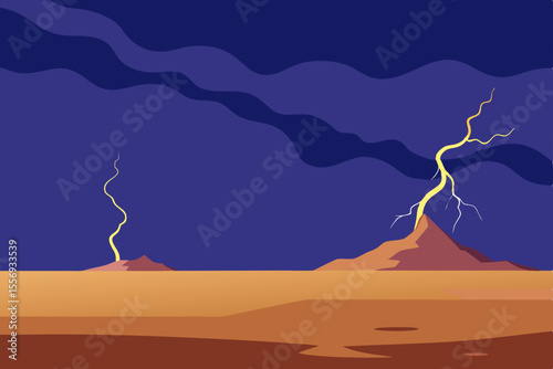 Desert night landscape with lightning storm clouds over mountains, orange sunset sky illustration