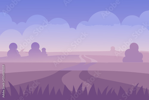 Sunset landscape with lavender fields under a vibrant sky, illustrating the serene nature of a summer meadow