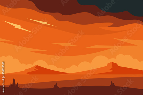 Desert landscape at sunset with mountains and a camel silhouette against an orange sky, evoking nature's travel beauty