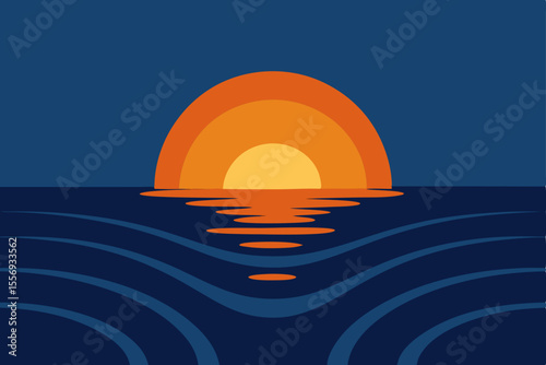 A vibrant orange and red sunset paints the sky, reflecting upon the tranquil sea as the sun dips below the horizon