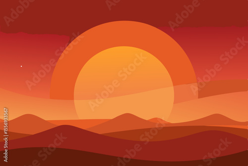 Vibrant vector illustration of a mountain sunset landscape with an orange sky and clouds