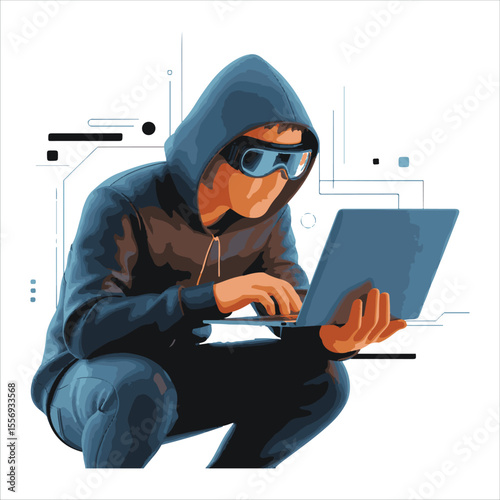 Anonymous hacker wearing goggles and a hoodie works intently on a laptop computer