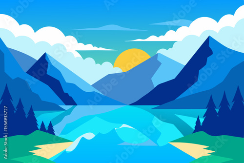 Serene Mountain Lake Sunrise A Vibrant Landscape Illustration
