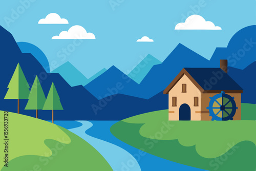 Serene Mountain Landscape Watermill nestled in picturesque valley