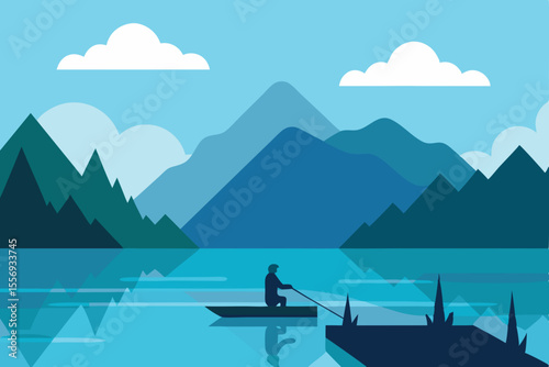 Serene Mountain Lake A Fisherman's Solitude, Peaceful Landscape Illustration