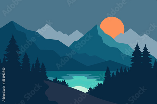 Serene Sunset Mountain Lake Landscape Illustration