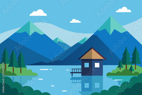 Serene Lakeside Cabin nestled amidst Majestic Mountains A picturesque landscape illustration