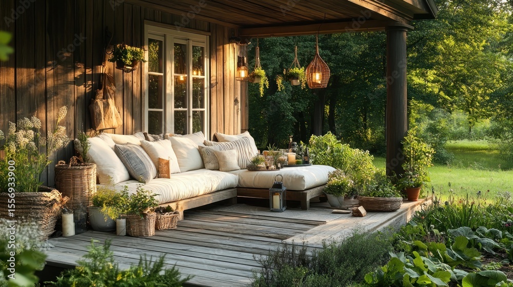 Fototapeta premium Country cottage patio with garden lounge and outdoor decor