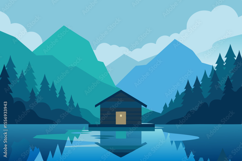 Fototapeta premium Serene Lakeside Cabin Retreat Mountain View Getaway Illustration