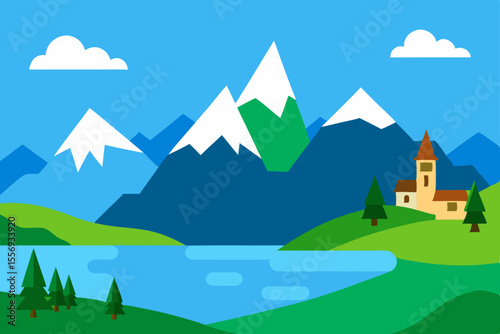 Majestic Mountain Lake Landscape Serene Nature Illustration