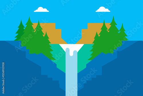 Serene Waterfall Landscape Nature's Majestic Cascade in a Simplified Design