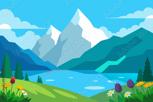 Serene Mountain Lake Landscape Majestic Peaks and Blooming Meadows