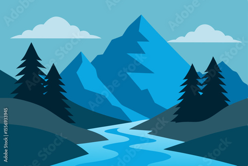 Serene Mountain River Landscape A Peaceful Blue Vista Illustration