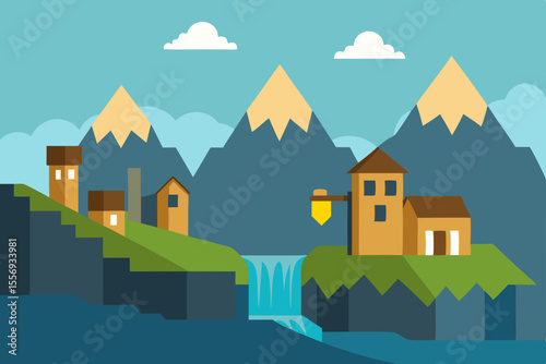 Vector illustration of a vibrant city and peaceful village landscape with houses, trees, and mountains under a clear sky