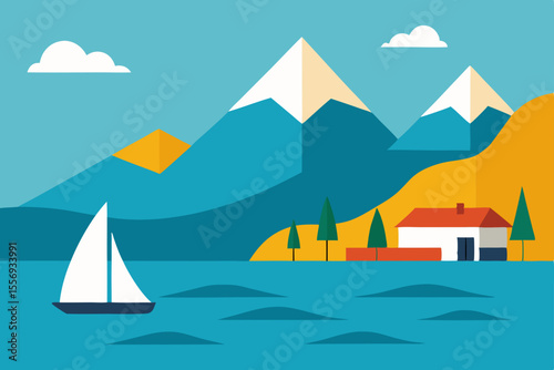 Vector illustration of a summer mountain landscape with a boat on the water, beneath a vast sky