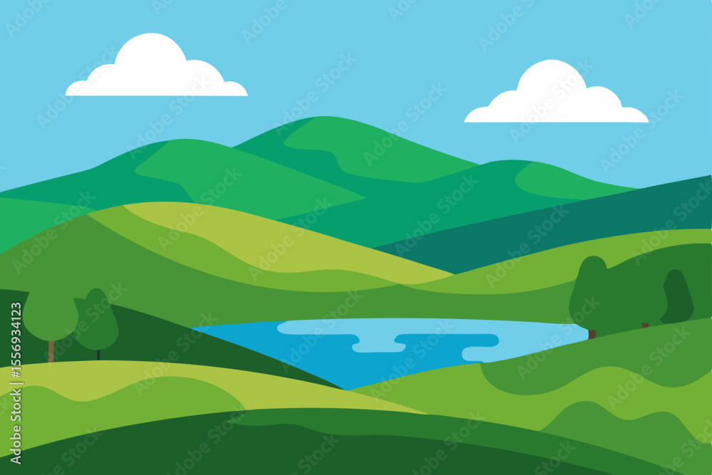 Fototapeta premium Summer mountain landscape with green fields, blue sky, and clouds