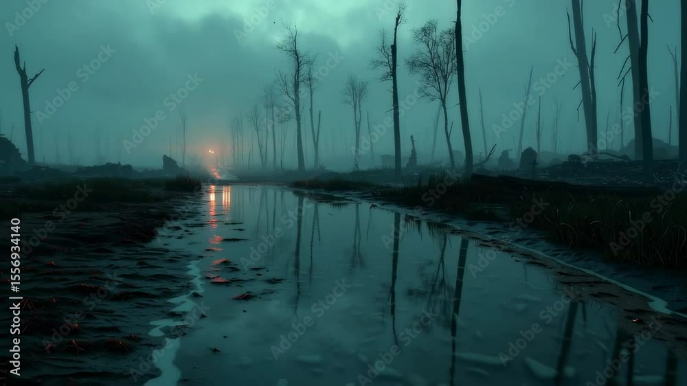 Misty Landscape with Bare Trees and Reflections in Water Under a Gloomy Sky at Dusk in a Post-Apocalyptic Setting