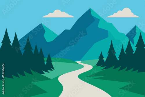 Mountain landscape with snow-capped peaks, winter forests, and a clear sky panorama