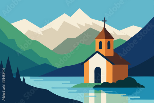 European alpine church architecture with a tower overlooks a summer mountain landscape