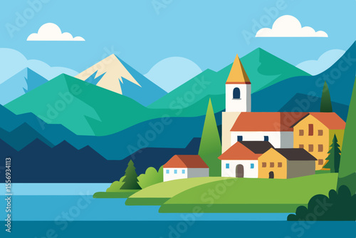 A charming cartoon church nestled on a green hill, surrounded by a vibrant summer landscape with trees and a clear sky, evoking a peaceful village scene