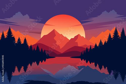 Majestic sunset over a misty mountain landscape with vibrant red and blue sky