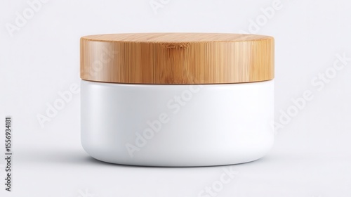 Cosmetic cream jar showcases a white body and natural wooden lid for skincare and beauty products on a white background.