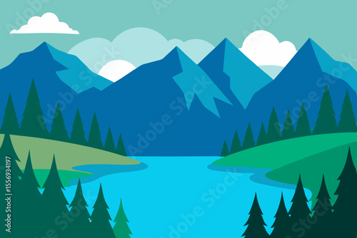 Mountain landscape with lake, serene sky, and green trees