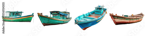 Vintage Fishing Boats Collection: Rustic Maritime Vessels Isolated