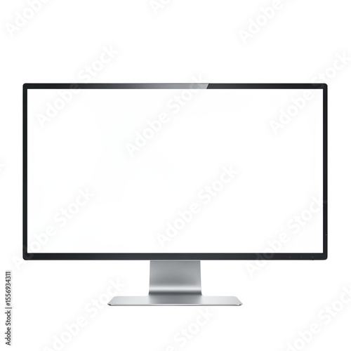 Modern silver computer monitor with blank white screen isolated on transparent background