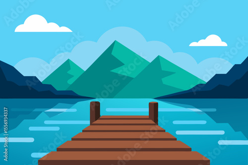 Vector illustration of a mountain landscape with a lake, offering a panoramic view of nature, blue sky, and clouds