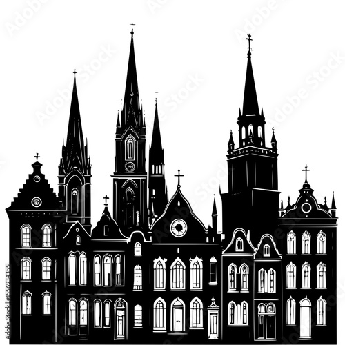 Old town silhouette with church tower and narrow buildings