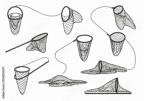 Collection of various illustrated nets including scoop nets, bucket nets, and flat nets in black and white line art.