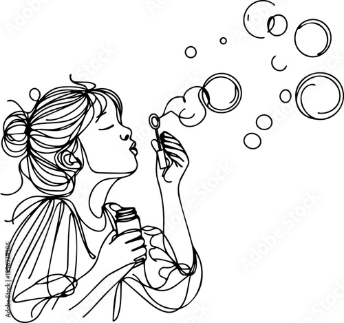 Young girl blowing bubbles while smiling with soap bubble wand  