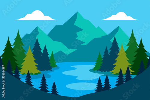 Snowy winter forest landscape vector illustration with pine trees