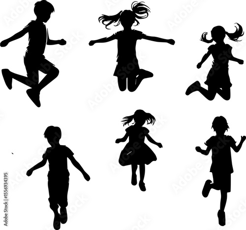Silhouettes of children jumping and playing in joyful motion  