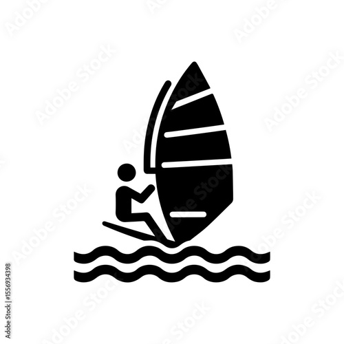 windsurfing icon, isolated silhouette of man with sail on waves, water sport, swimming