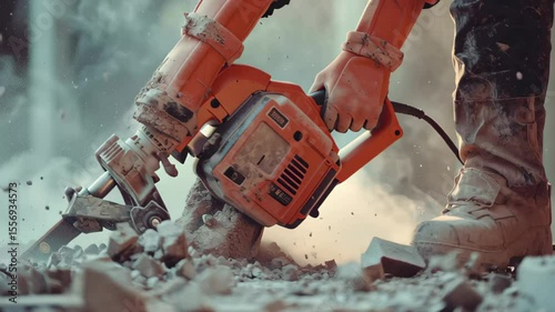 Demolition process using a jack hammer drill to break concrete at a construction site, Building demolition jack hammer drill breaking concrete,slow motion