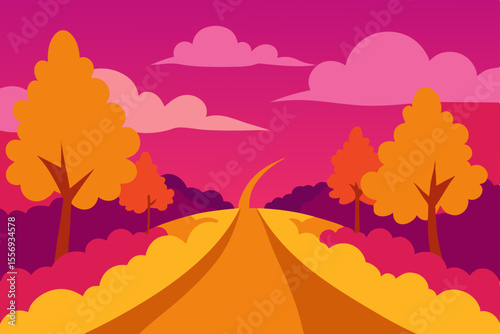 Autumn Road A Journey Through Vibrant Sunset Hues and Golden Foliage