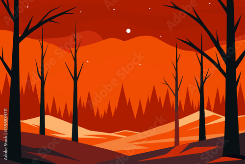 Fiery Sunset Landscape Crimson Hills and Leafless Trees