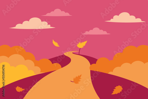 Autumnal Road Winding Through Colorful Hills A Serene Fall Landscape Illustration