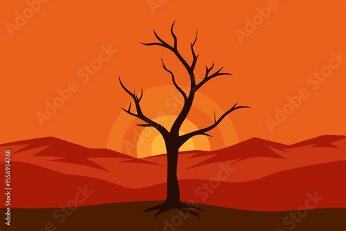 Sunset Silhouette A Barren Tree Against a Fiery Orange Sky and Rolling Hills